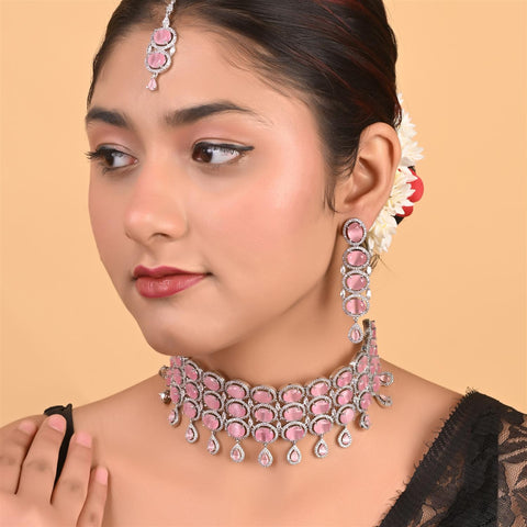 Silver Plated American Diamond CZ Choker Celebrity Wedding Necklace Set With Earring & Tika