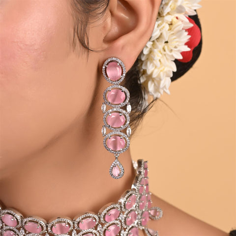 Silver Plated American Diamond CZ Choker Celebrity Wedding Necklace Set With Earring & Tika