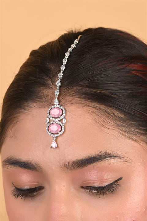 Silver Plated American Diamond CZ Choker Celebrity Wedding Necklace Set With Earring & Tika