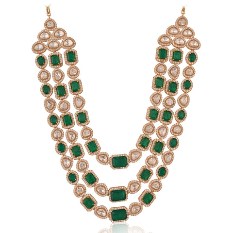 Gold Plated Green Kundan CZ Long Haar Bridal Wedding Necklace Set With Earring