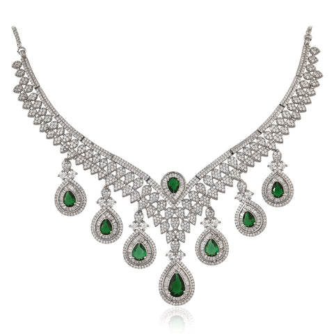 Silver Plated Green American Diamond CZ Heavy Wedding Necklace Set With Earring