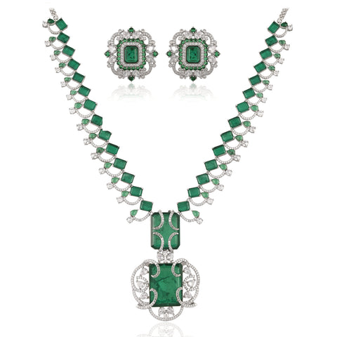 Silver Plated Green American Diamond CZ Heavy Long Celebrity Wedding Necklace Set With Earring