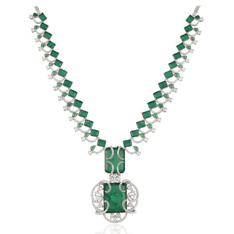 Silver Plated Green American Diamond CZ Heavy Long Celebrity Wedding Necklace Set With Earring