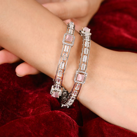 American Diamond CZ Pink Pota Stone Silver Polish Bangles