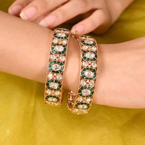 Kundan Diamond CZ Green Meena Openable Kada Bangles