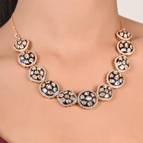 Azba Floral Crescent Enamel Gold Plated Kundan Statement Necklace Set