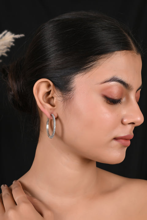 Silver Finish Round Embellished CZ Brass Hoops