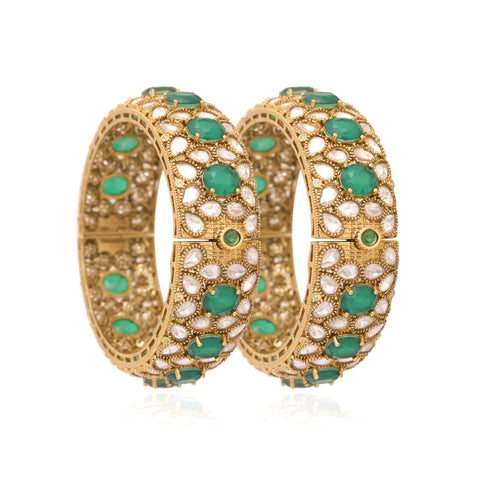 Kundan Diamond CZ Green Wedding Heavy Openable Kada Bangles