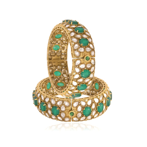 Kundan Diamond CZ Green Wedding Heavy Openable Kada Bangles