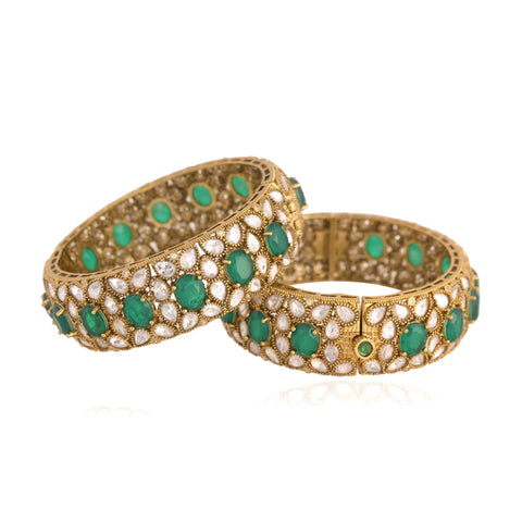 Kundan Diamond CZ Green Wedding Heavy Openable Kada Bangles