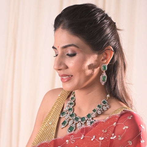 Classic Antique Plated Green American Diamond CZ Heavy Wedding Necklace Set