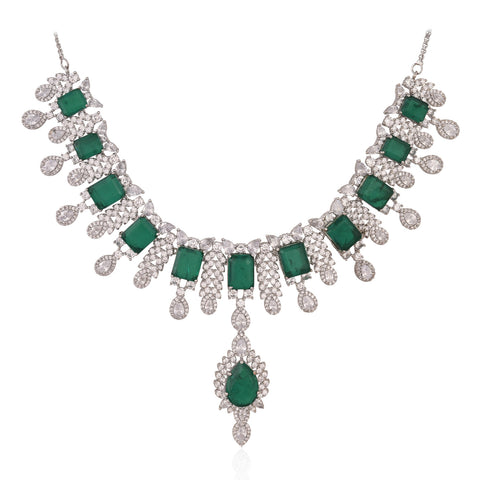 Timeless Classic Silver Plated Green American Diamond CZ Heavy Wedding Necklace Set