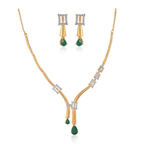 Gold Plated Green American Diamond CZ Wedding Necklace Set With Earring