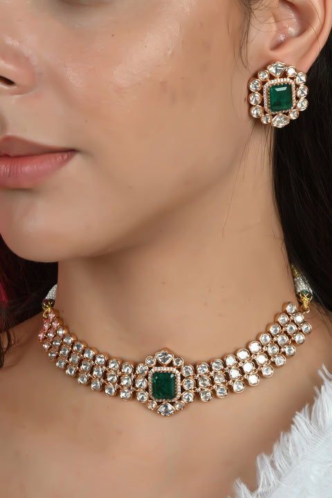 Gold Plated Green Kundan CZ Choker Chic Wedding Necklace Set With Earring