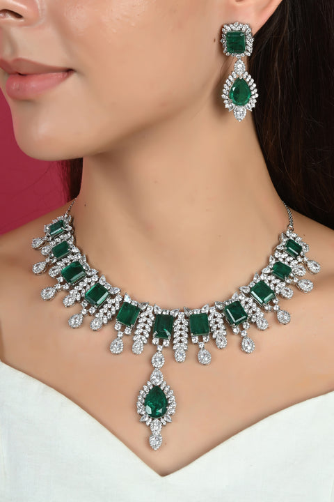 Timeless Classic Silver Plated Green American Diamond CZ Heavy Wedding Necklace Set