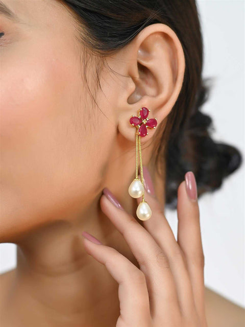 Gold Plated CZ Floral and Pearl Drop Removable Dangle Drop Earring