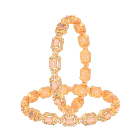 Gold Plated Pink American Diamond Sleek Bangle Set