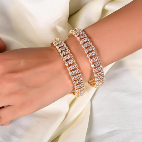 Gold Plated White Dual line CZ American Diamond Bangle