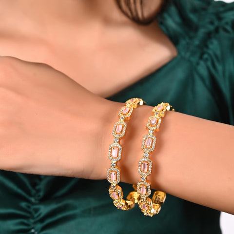 Gold Plated Pink American Diamond Sleek Bangle Set
