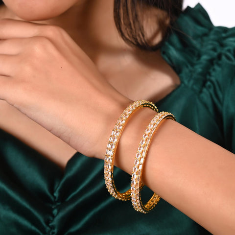 Gold Plated White CZ American Diamond Dual Design Bangle Set