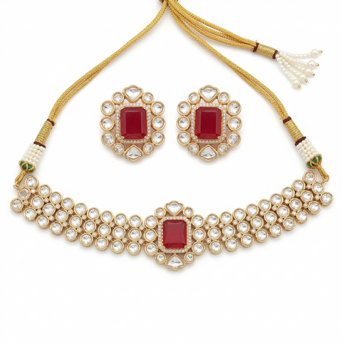 Gold Plated Green & Red  Kundan CZ Choker Chic Wedding Necklace Set With Earring