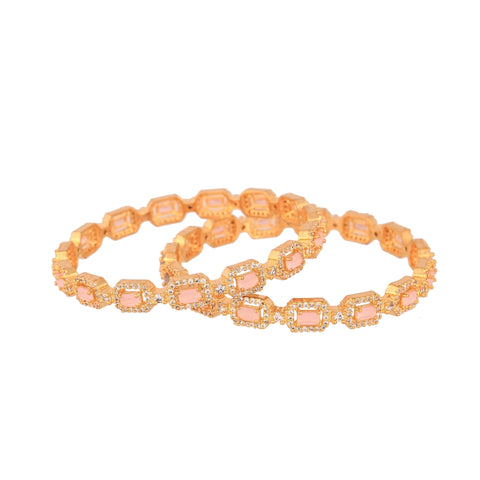 Gold Plated Pink American Diamond Sleek Bangle Set