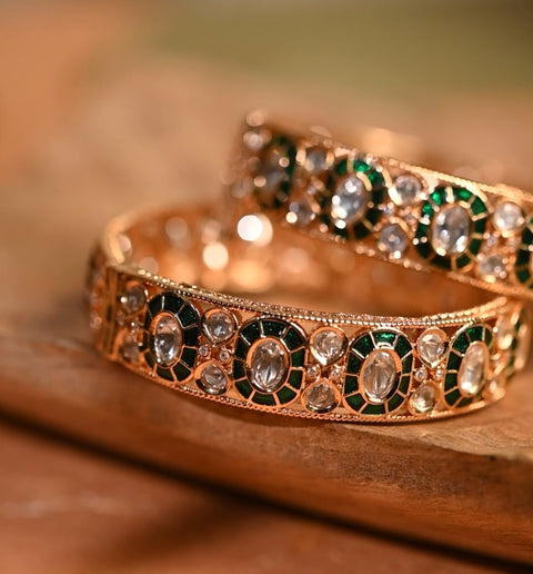 Kundan Diamond CZ Green Meena Openable Kada Bangles