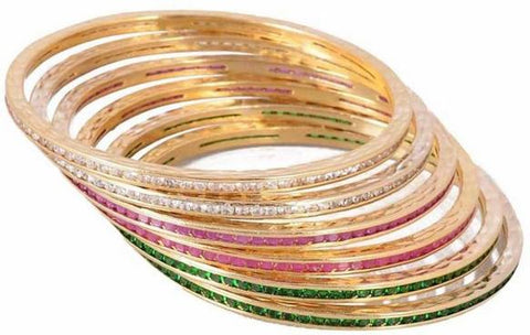 Gold Plated Multi Color 6 Pc American Diamond Channel Bangle Set
