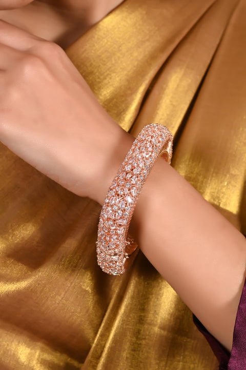 Rose Gold & Silver Plated White American Diamond CZ Single Piece Openable Kada Bangle