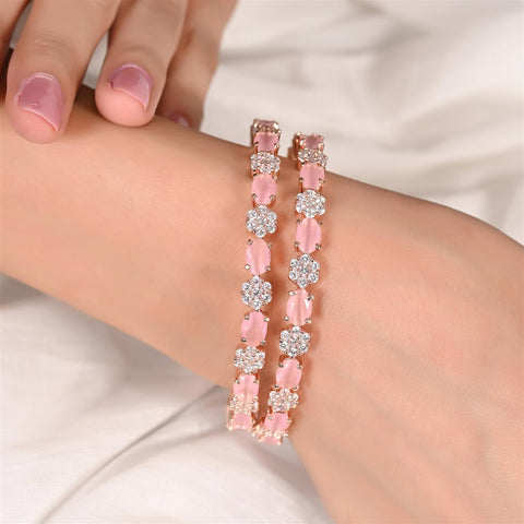 Rose Gold Plated Pink White Floral CZ American Diamond Bangle