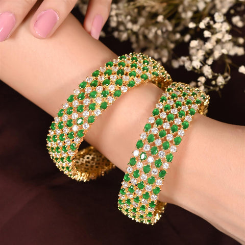 Gold Plated Green White CZ American Diamond Bold Bangle Kadas
