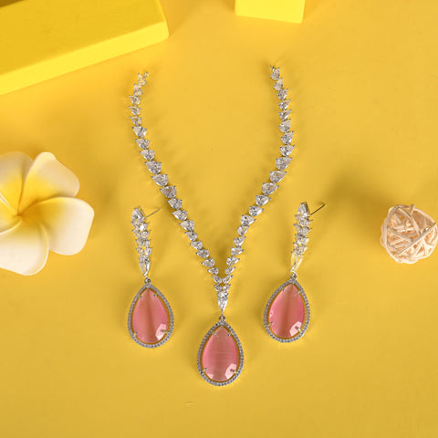 Satin CZ Necklace Set- Silver Polish