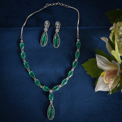 CZ Drop Necklace Set- Silver Polish