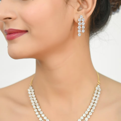 Gold Plated Amercian Diamond CZ Double Line Necklace Set With Earring