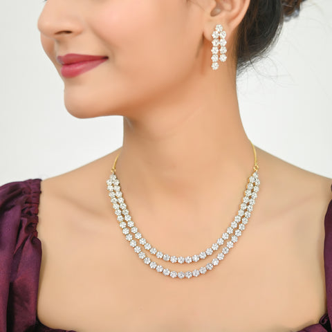 Gold Plated Amercian Diamond CZ Double Line Necklace Set With Earring