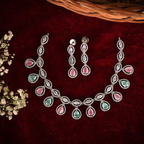 CZ Necklace Set- Drop Style Silver Polish