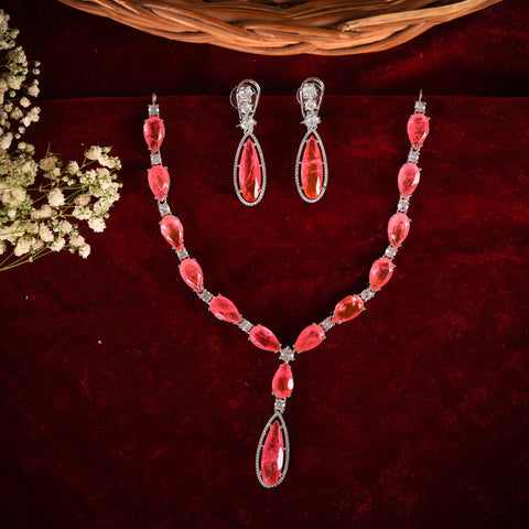 CZ Drop Necklace Set- Silver Polish