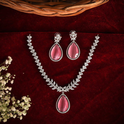 Satin CZ Necklace Set- Silver Polish