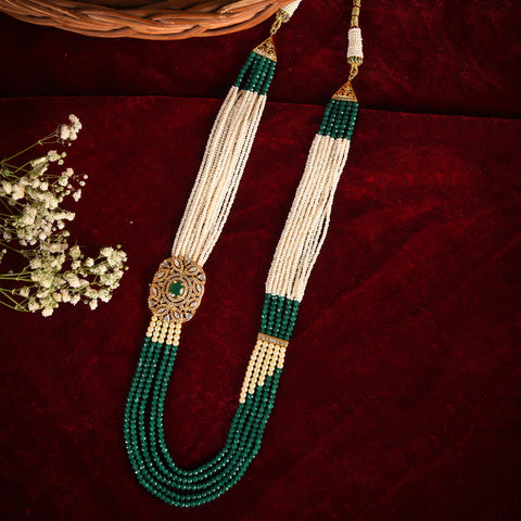 Green Beads Necklace Set with one side Kundan Brooch Style