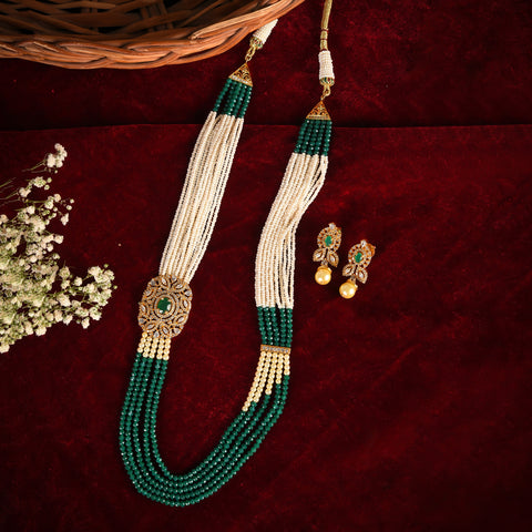 Green Beads Necklace Set with one side Kundan Brooch Style