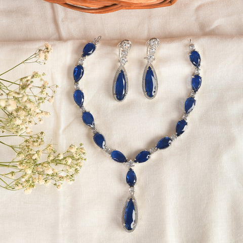 CZ Drop Necklace Set- Silver Polish