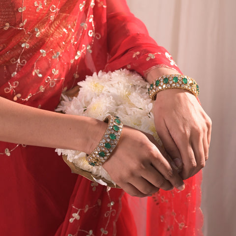 Kundan Diamond CZ Green Wedding Heavy Openable Kada Bangles