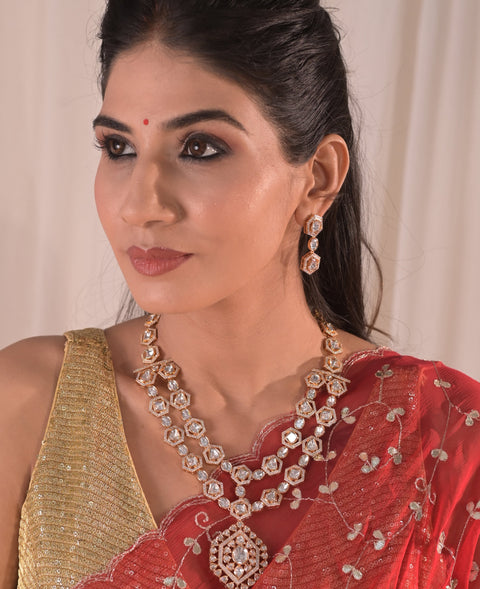 Gold Plated Kundan Long Pendant Wedding Necklace Harr Set With Earring