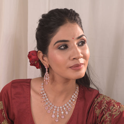 Timeless Classic Silver & Rose Plated Green Pink American Diamond CZ Heavy Wedding Necklace Set