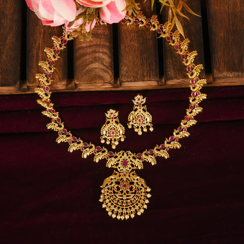 Peacock Statement Antique Ruby Long Necklace set With Jhumki Earring