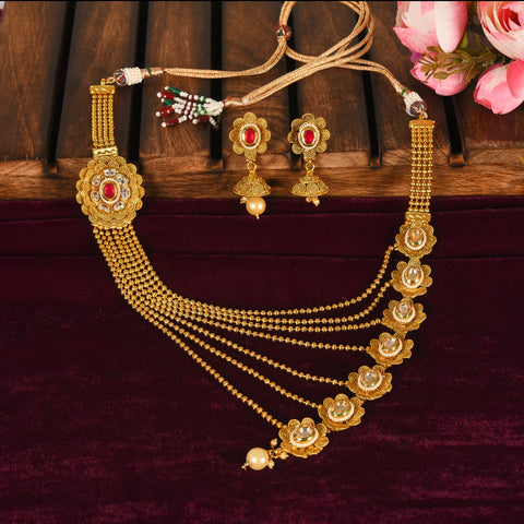 Timeless Statement Antique Ruby Long Mala Necklace set With Jhumki Earring