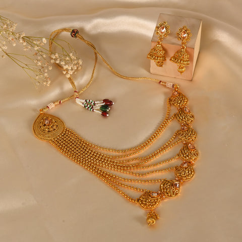 Timeless Statement Antique Gold Long Mala Necklace set With Jhumki Earring