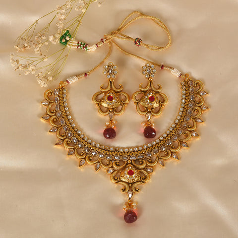 Danica Statement Kundan Antique Necklace set With Dangler Earring