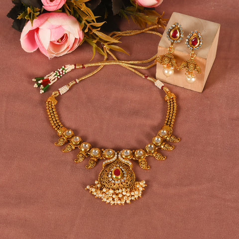 Timeless Statement Antique Ruby Necklace set With Jhumki Earring