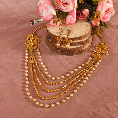 Multi layer Antique Gold Long Mala Necklace set With Jhumki Earring